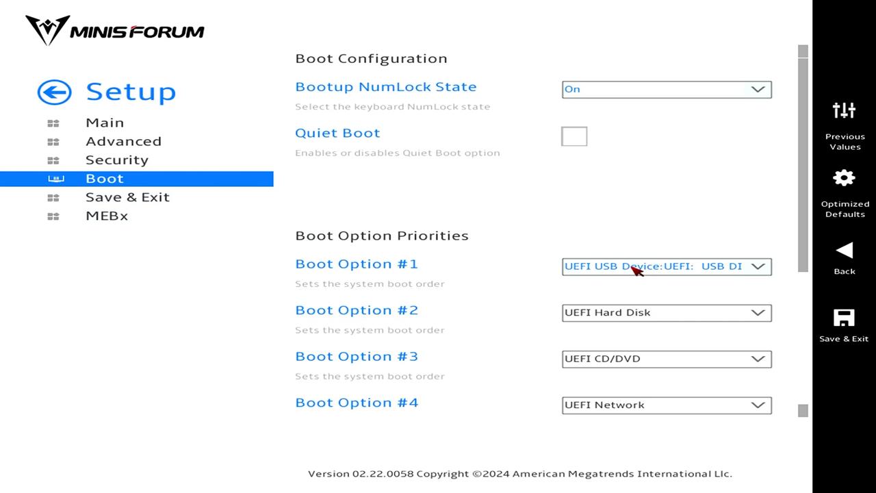 "boot" selected in the ProxMox BIOS Startup